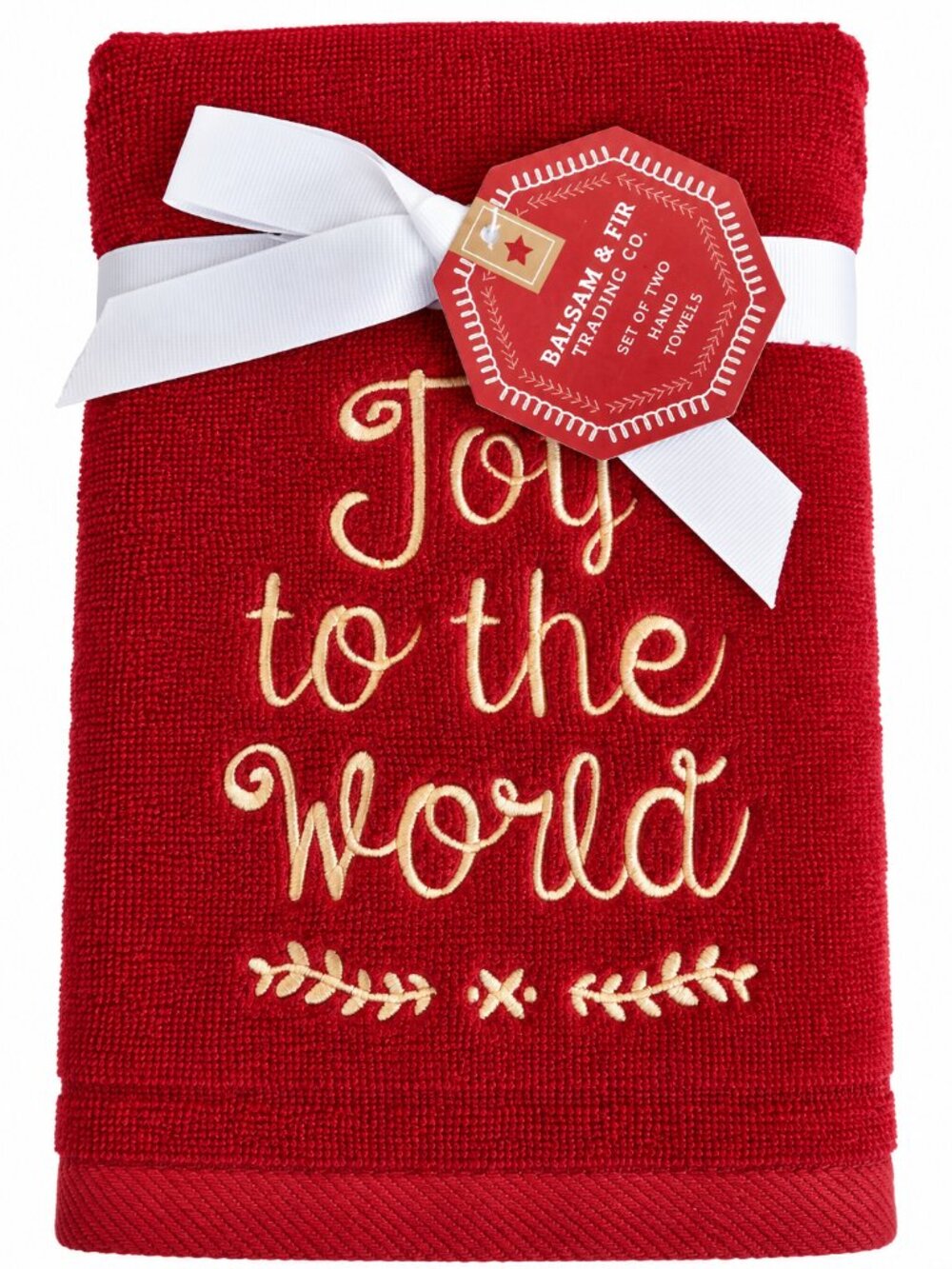 Christmas Hand Towels Embroidered Joy To The World Red Gold Guest Bath Set of 2